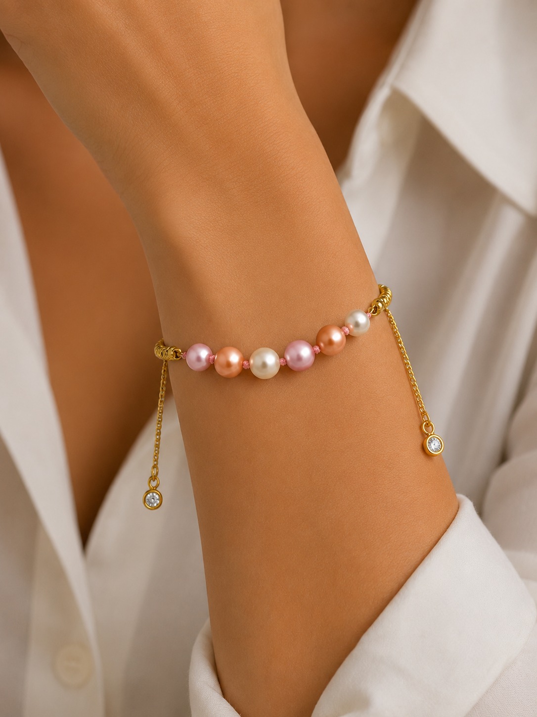 PULSERA PERLA POLVO NÁCAR BALINES RODIO