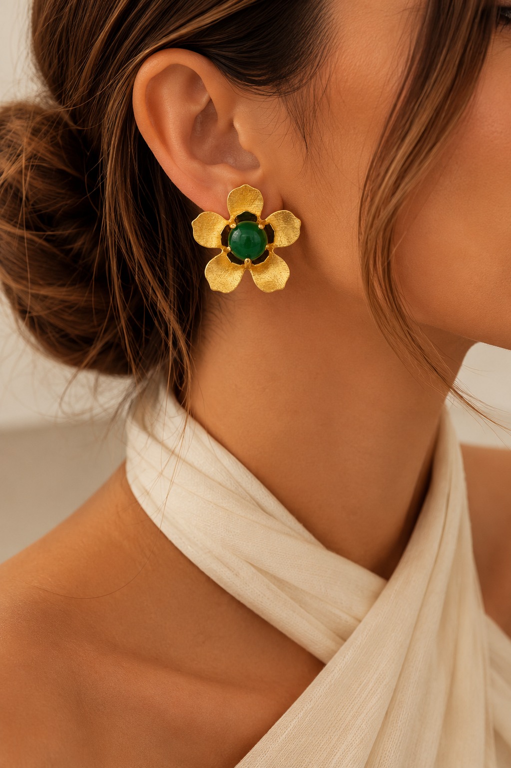 ARETES FLOR BRONCE ORO AVENTURINA