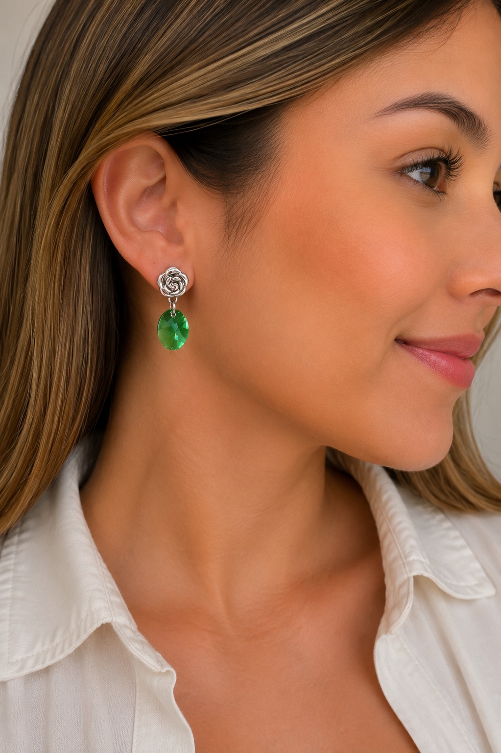 ARETES FLOR RODIO CRISTAL SWAROVSKI DARK MOSS