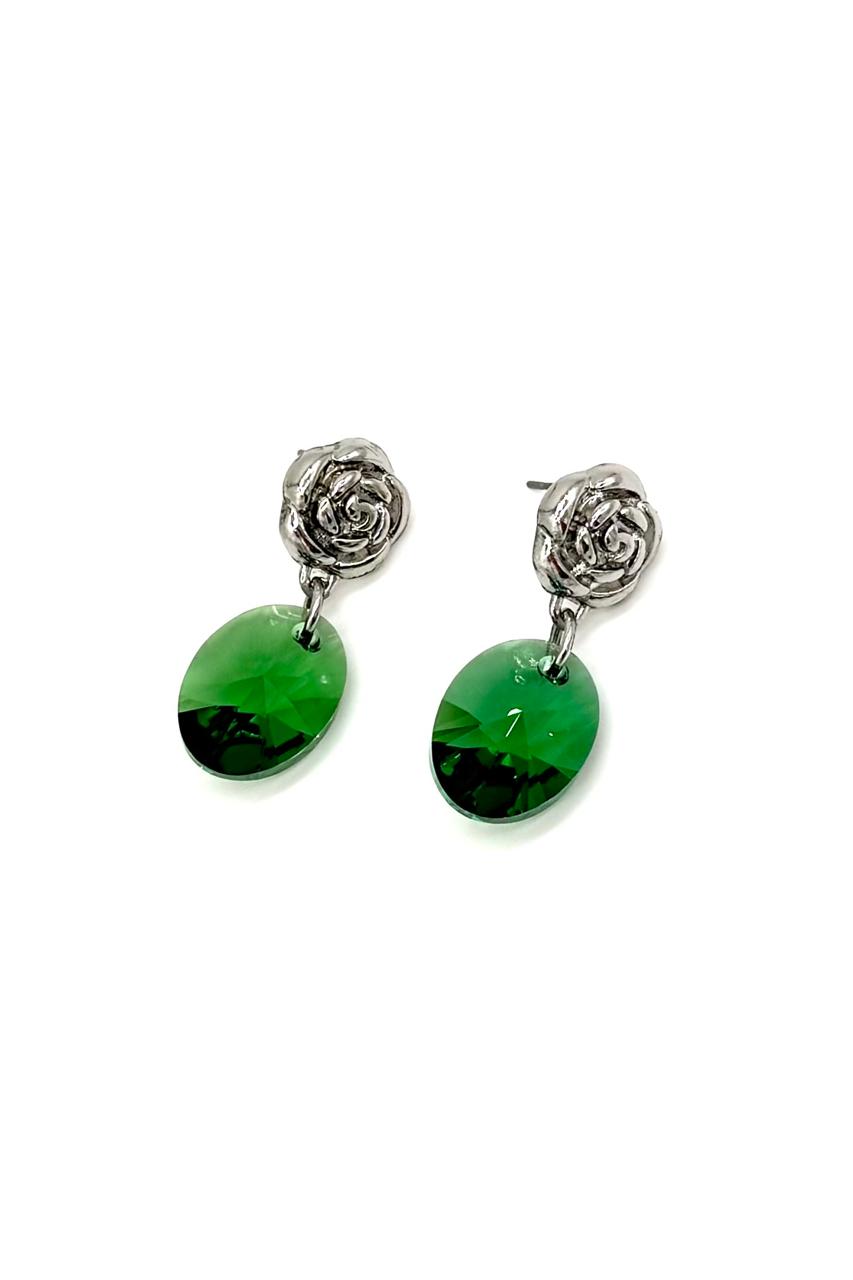 ARETES FLOR RODIO CRISTAL SWAROVSKI DARK MOSS