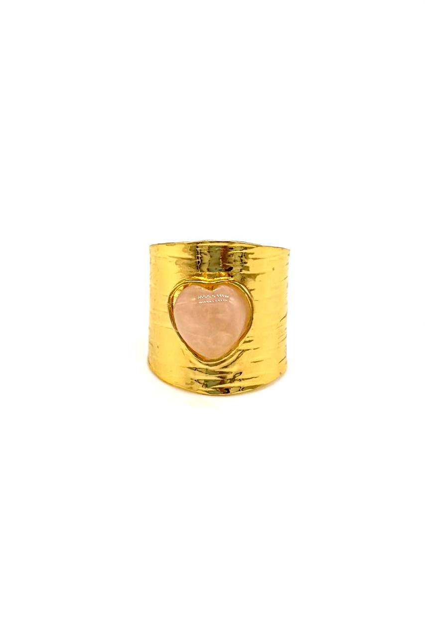 ANILLO CORAZÓN CUARZO ROSADO BRONCE ORO