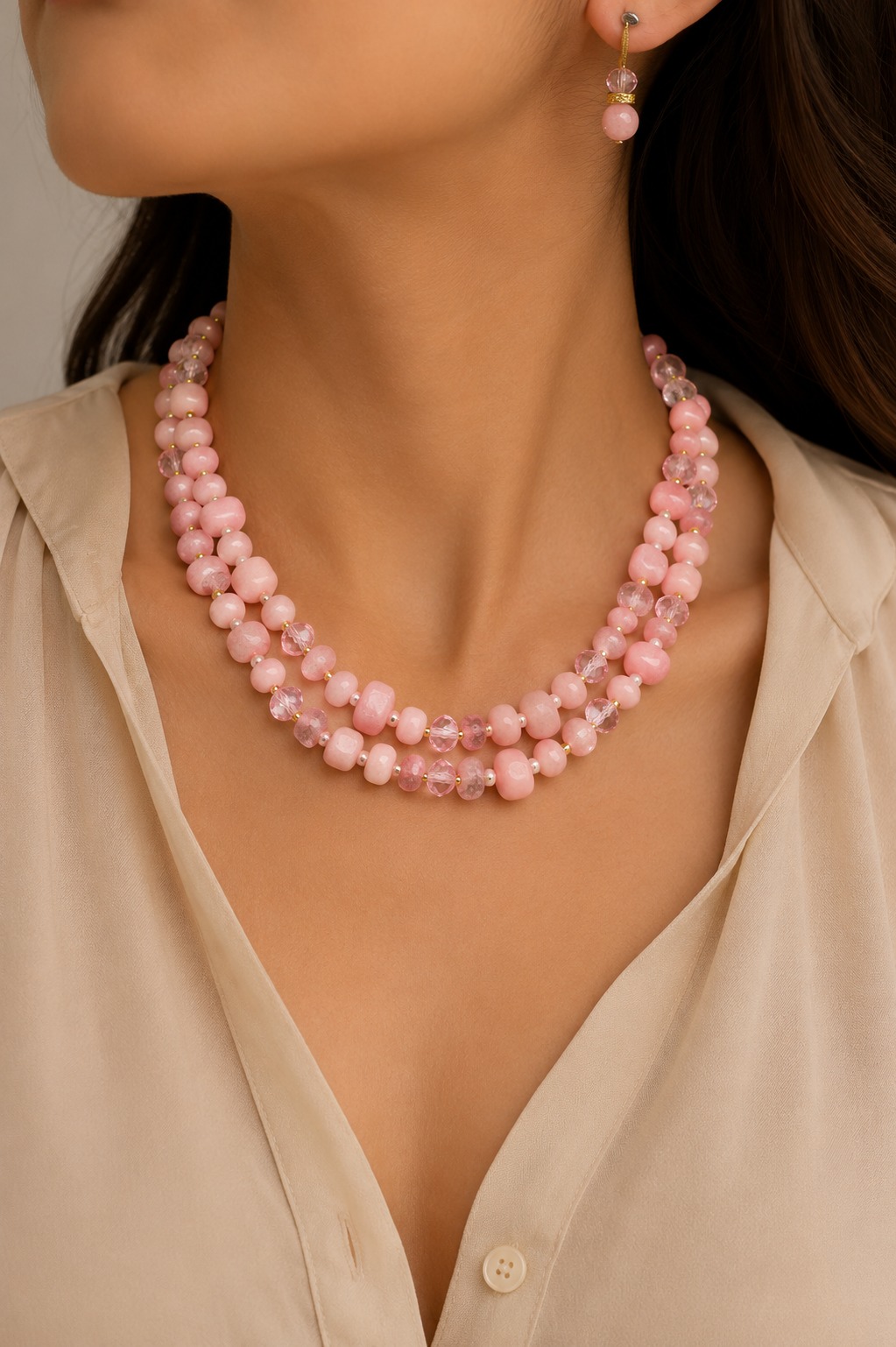 COLLAR DOBLE LÍNEA CUARZO ROSADO