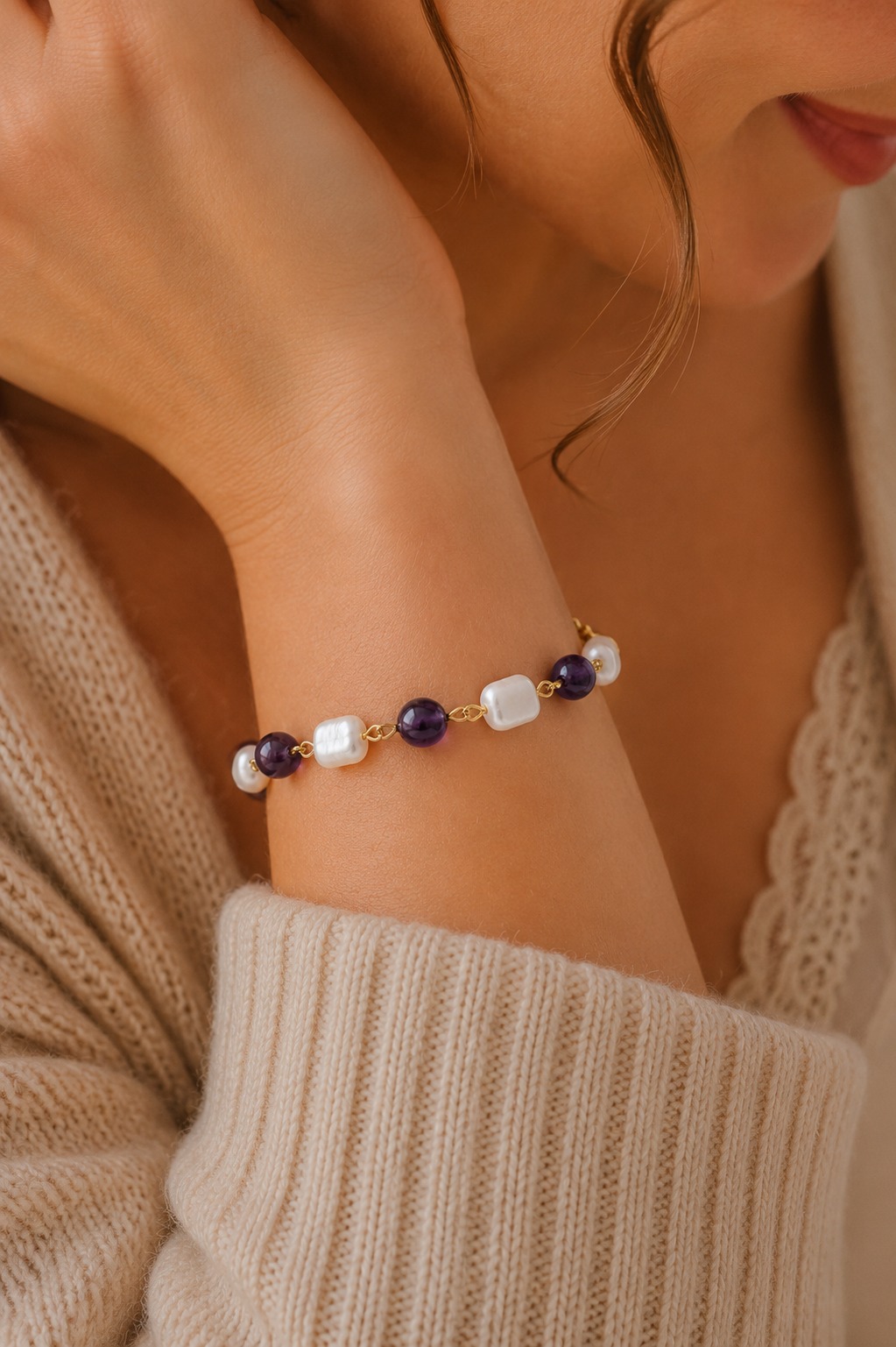 PULSERA AMATISTA PERLA POLVO DE NÁCAR